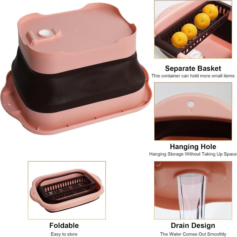 ZINSO 2.77 Gallon (10.5L) Collapsible Dish Basin with Drain Plug, Pink Camping Dish Basin for RV, Space-Saving Foldable Washing Bin, BPA-Free Portable Sink for Vegetables and Dishes - with Brush - Image 3